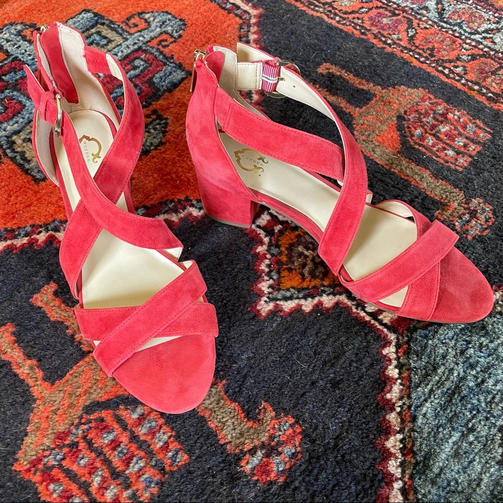 Red suede Wonder criss cross block heels size 8.5